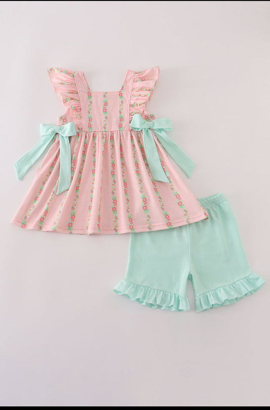 Pink Floral Ruffle Girl’s Shorts Set