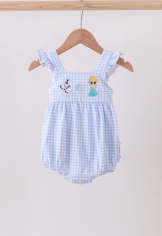 Premium Blue Snowman Embroidery Gingham Ruffle Girl’s Bubble
