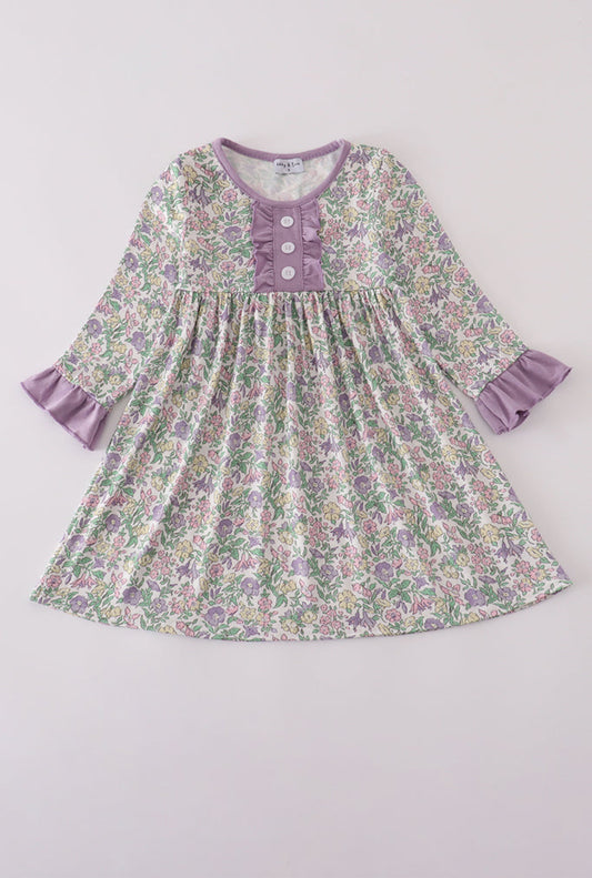 Purple Floral Print Ruffle Dress