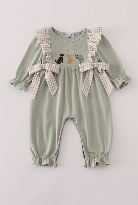 Blue Dog Deer Embroidery Ruffle Girl’s Romper