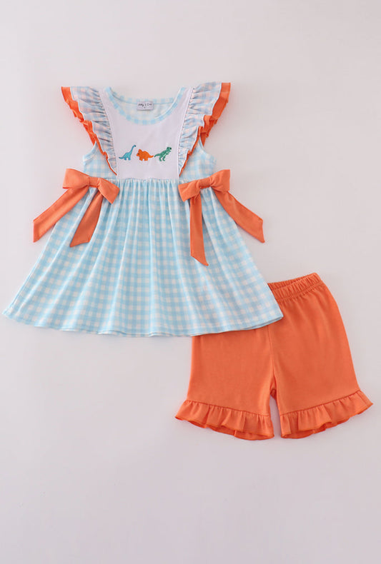 Blue Dinosaur Embroidery Gingham Ruffle Girl’s Short Set