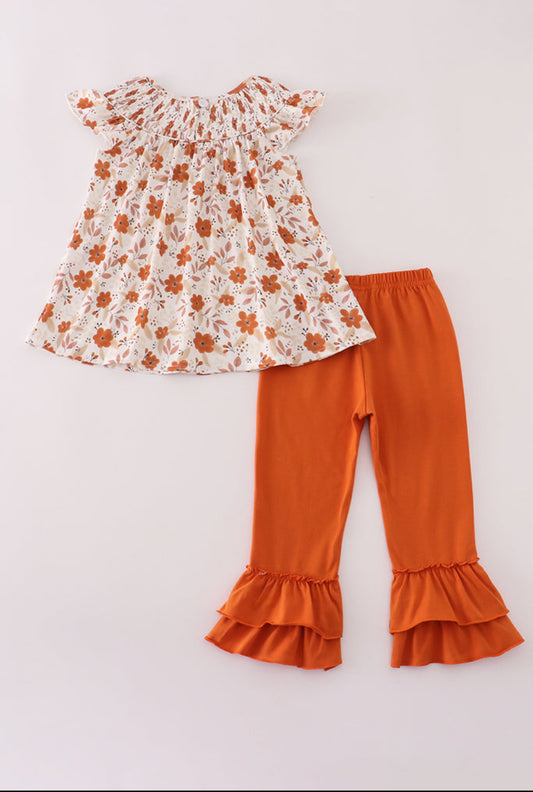 Fall Floral Print smocked Ruffle Girl’s Pants Set