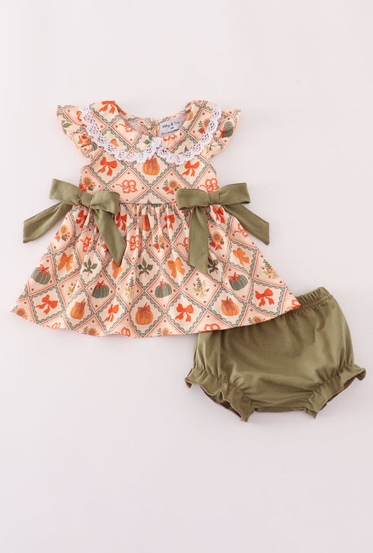 Green Pumpkin Bow Print Girl’s Bloomer Set