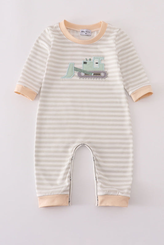 Cream Excavator Appliqué Stripe Boy’s Romper