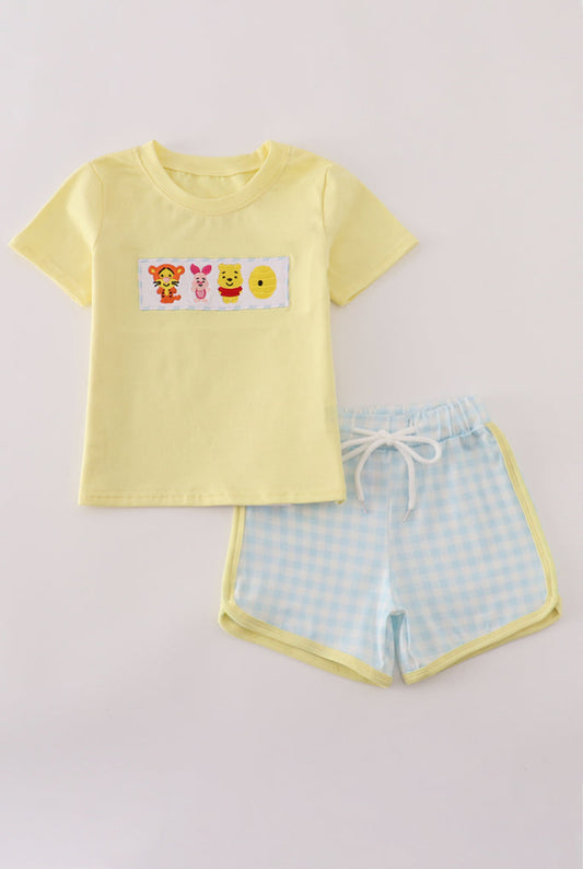 Blue Character Embroidery Gingham Boy’s Short Set