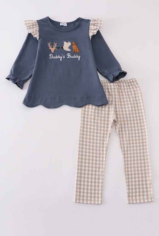 Navy Hunting Embroidery Ruffle Girl’s Pants Set