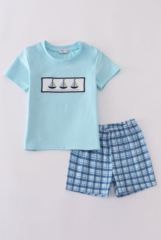 Blue Sailboats Embroidery Smocked Boy’s Short Set