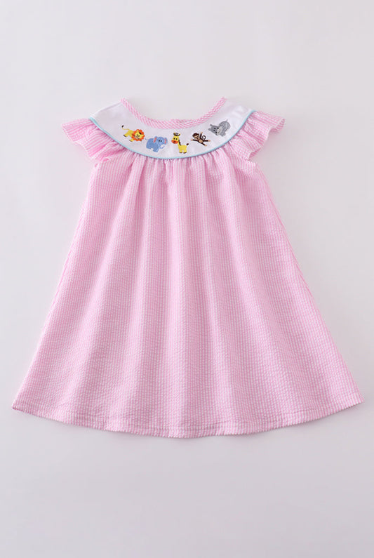 Pink Seersucker Animal Embroidery Girl’s Dress