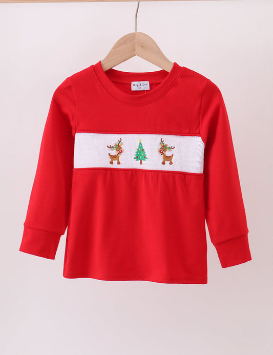Red Christmas Tree Reindeer Smocked Top