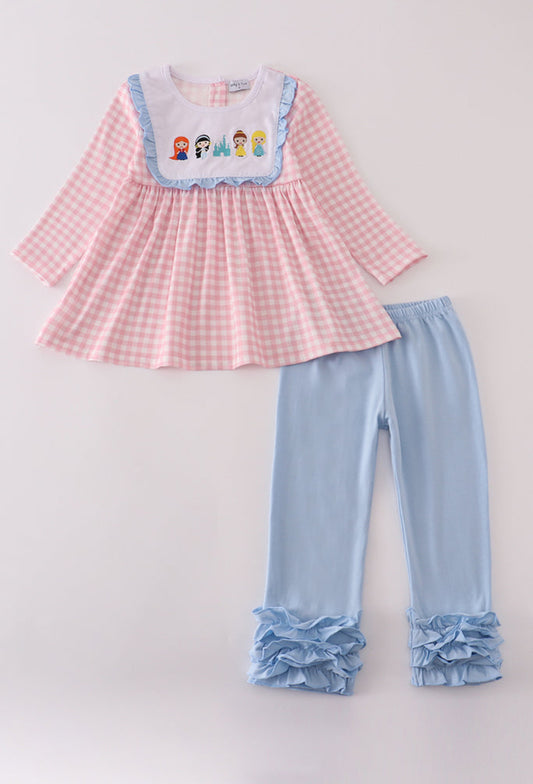 Pink Princess Castle Embroidery Gingham Ruffle Girl’s Pants Set