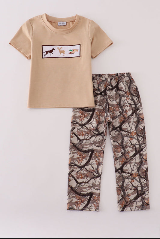 Hunting Dog Deer Duck Embroidery Boy’s Pants Set