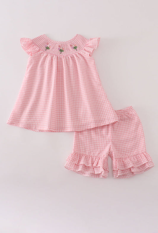 Pink Floral Smocked Girl’s Shorts Set