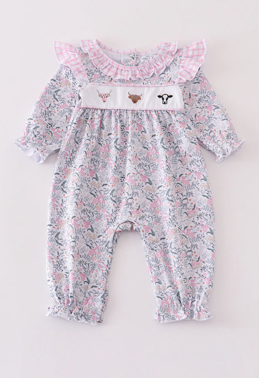 Premium Floral Print Cow Embroidery Girl’s Romper