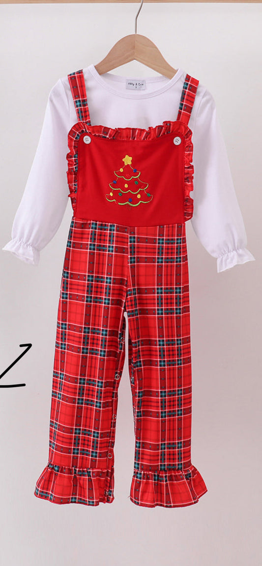 Red Tree Embroidery Plaid Ruffle Girl’s Jumpsuit Set