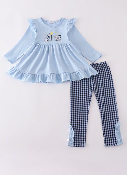 Blue BELIEVE Embroidery Ruffle Girl’s Pants Set