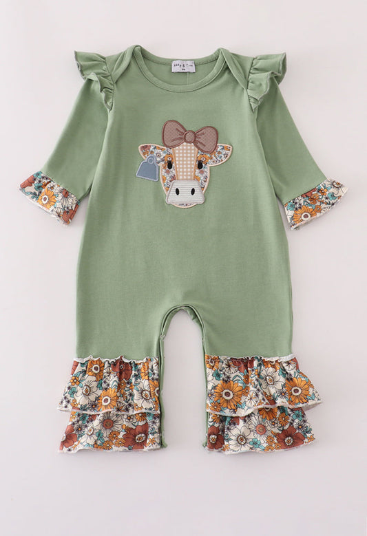 Green Cow Appliqué Floral Print Ruffle Girl’s Romper