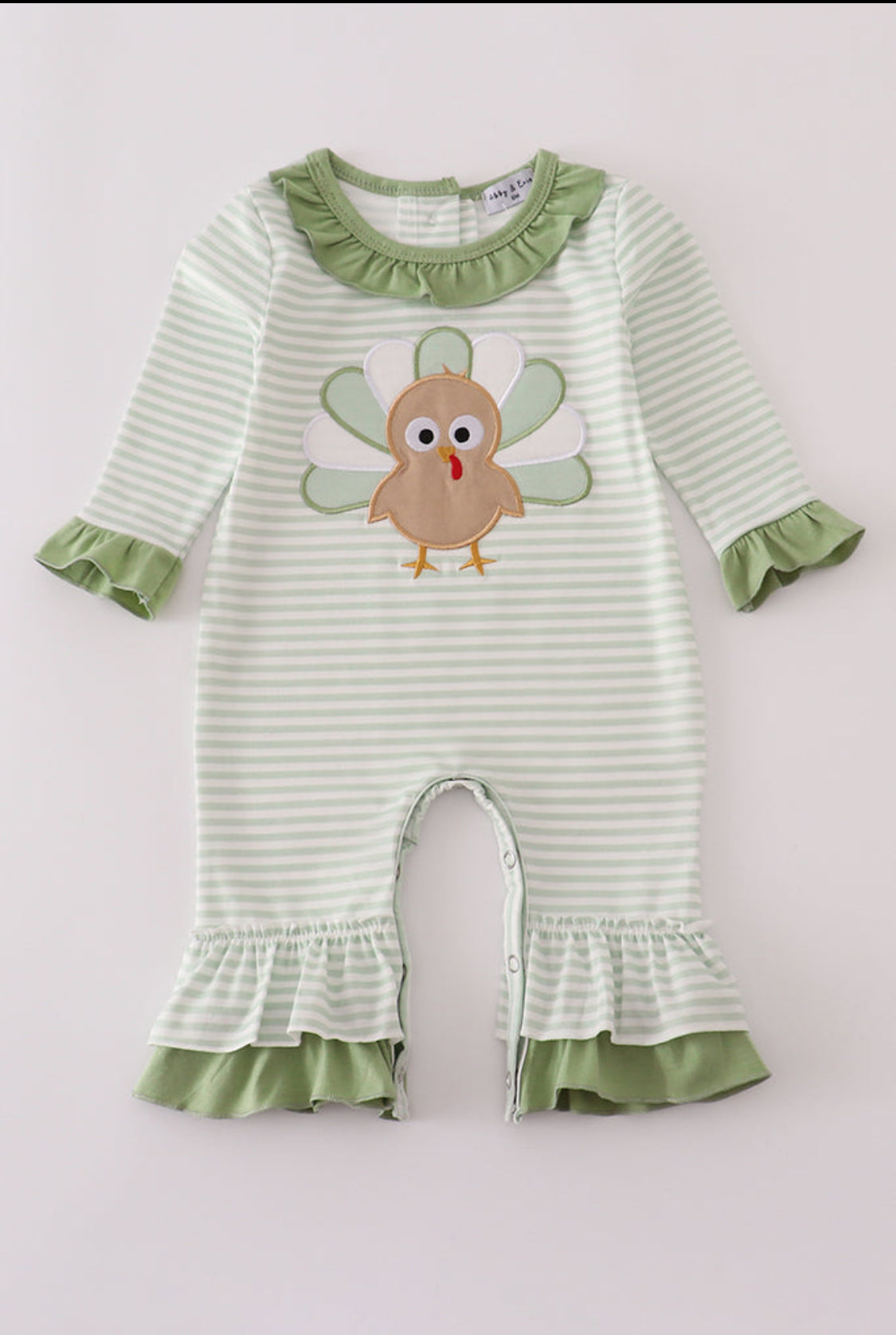 Sage Turkey Appliqué Stripe Ruffle Girl’s Romper