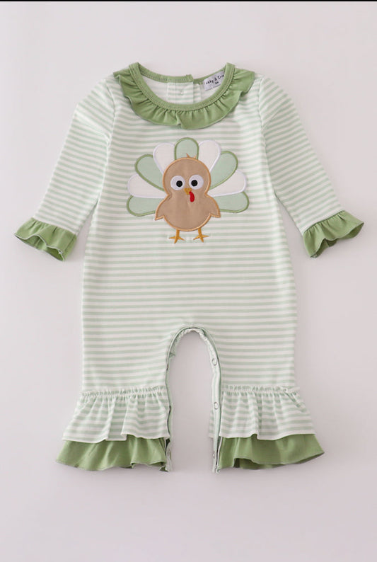 Sage Turkey Appliqué Stripe Ruffle Girl’s Romper