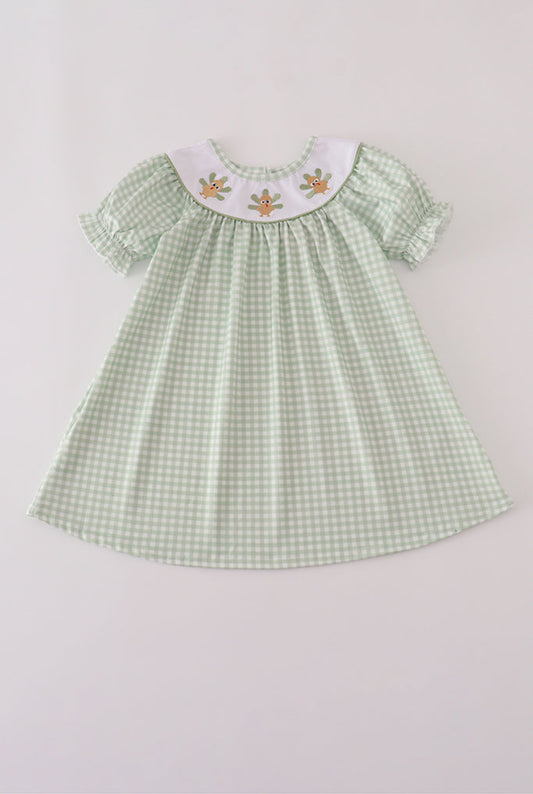 Sage Turkey Embroidery Gingham Dress
