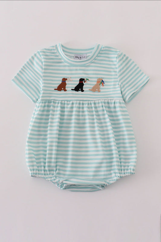 Green Stripe Puppy Hunting Embroidery Boy Bubble