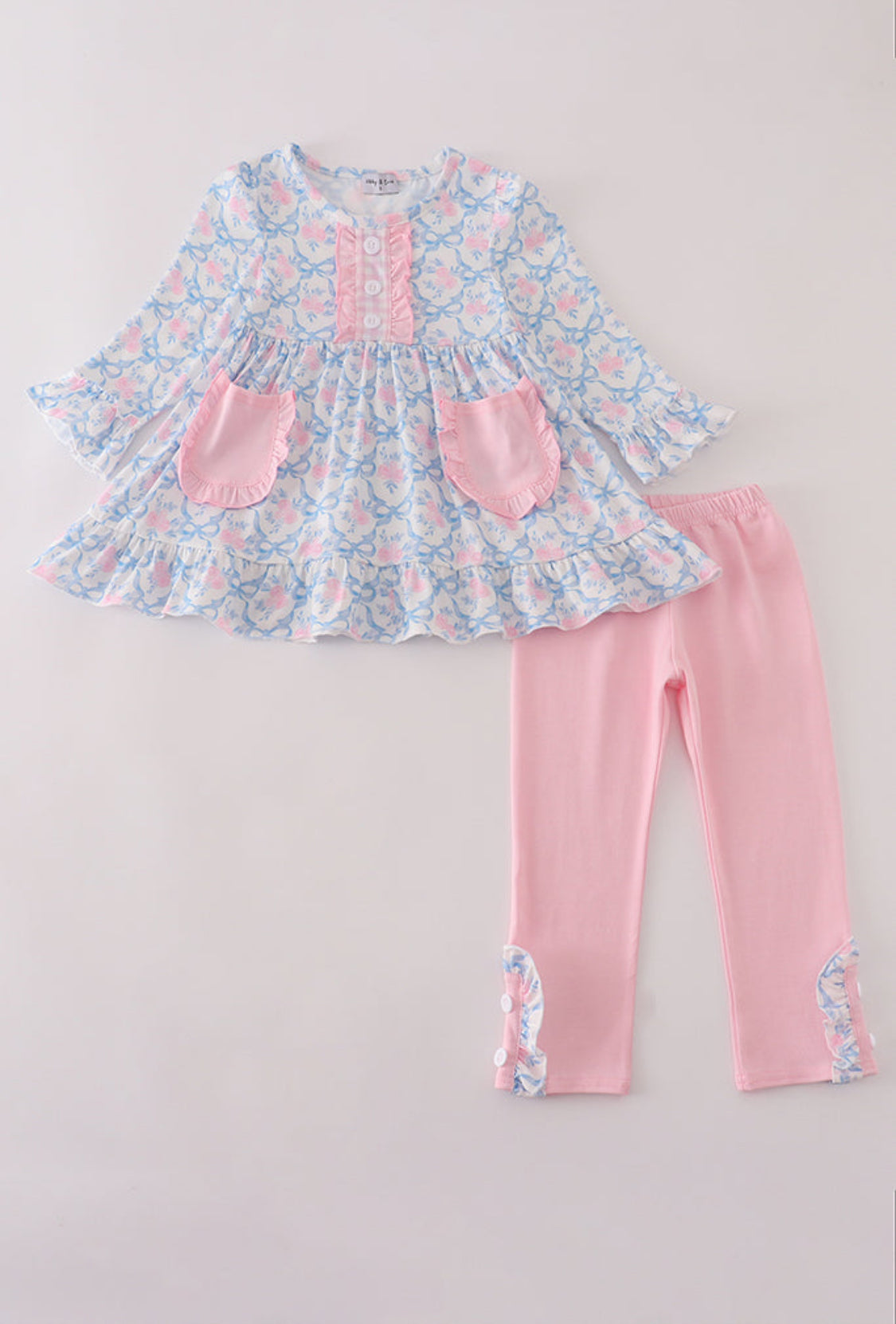 Blue Floral Bow Print Ruffle Girl’s Pants Set