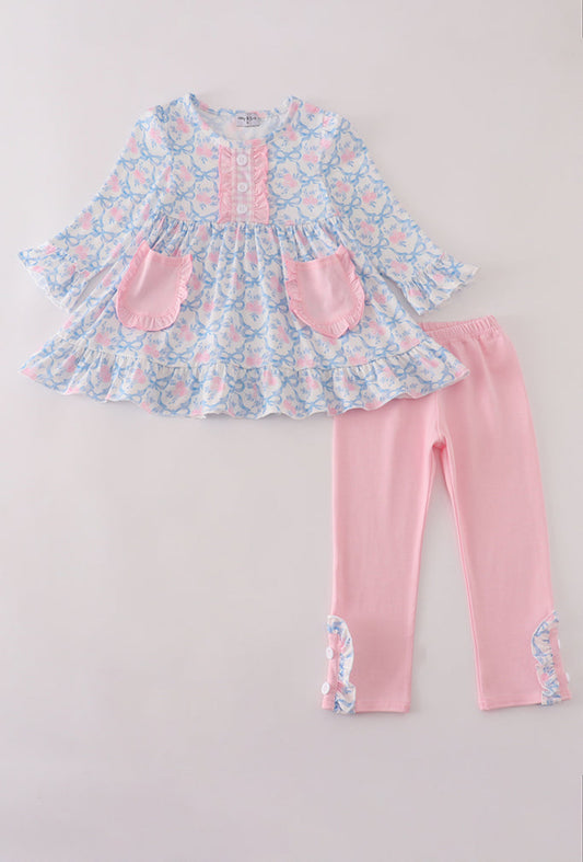 Blue Floral Bow Print Ruffle Girl’s Pants Set
