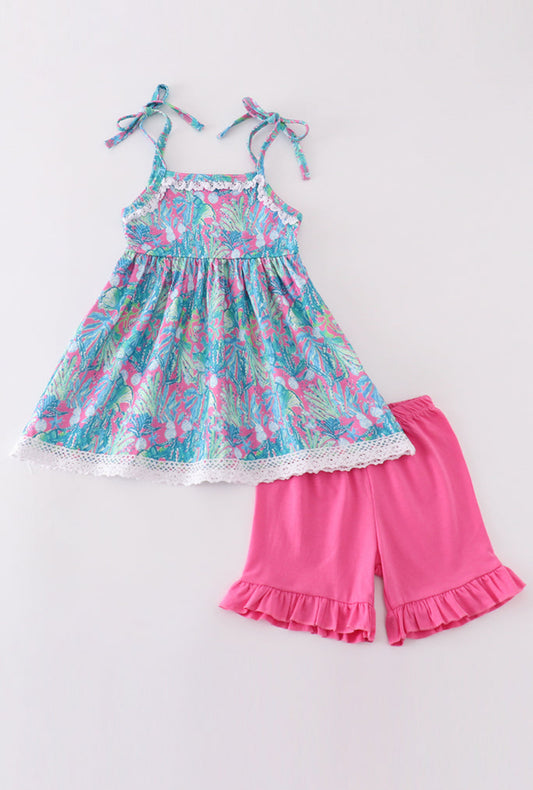 Green Jungle Bloom Tiered Girl’s Short Set