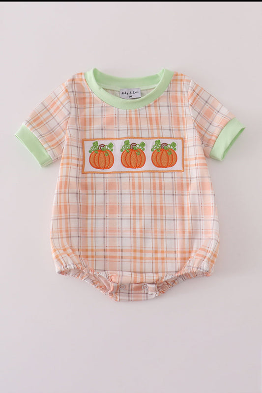 Orange Pumpkin Embroidery Plaid Boy’s Bubble