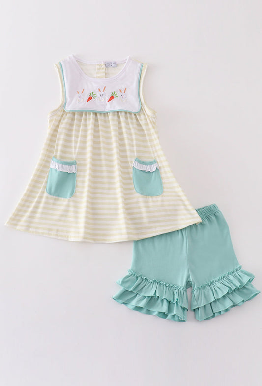 Easter Stripe Bunny Embroidery Girl’s Short Set