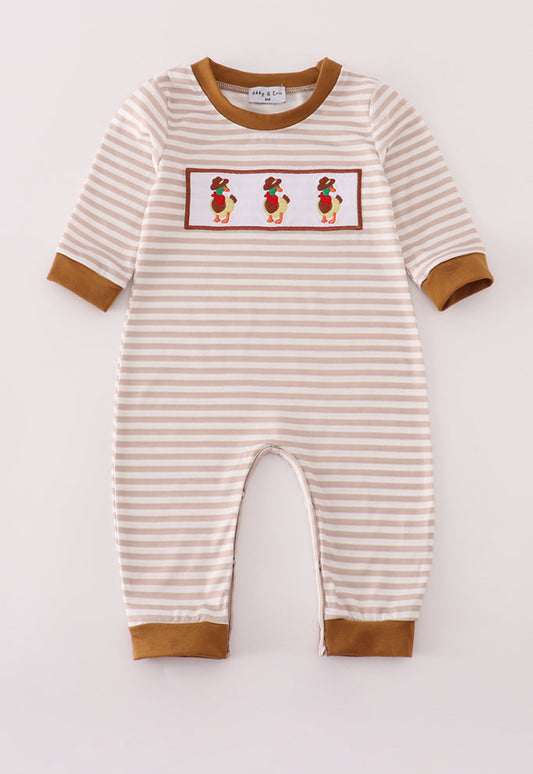 Brown Stripe Duck Embroidery Boy’s Romper
