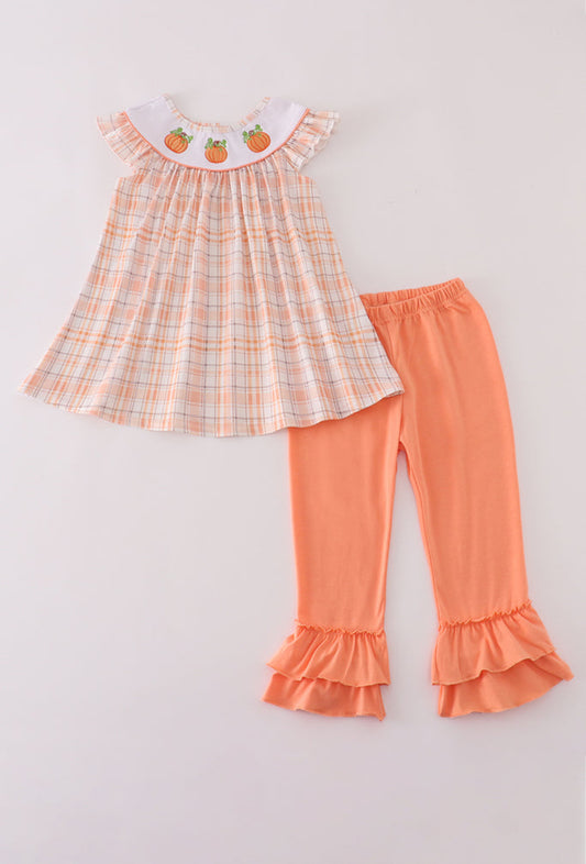 Orange Pumpkin Embroidery Plaid Ruffle Girl’s Pants Set