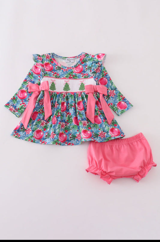 Blue Christmas Tree Smocked Ruffle Girl’s Bloomer Set