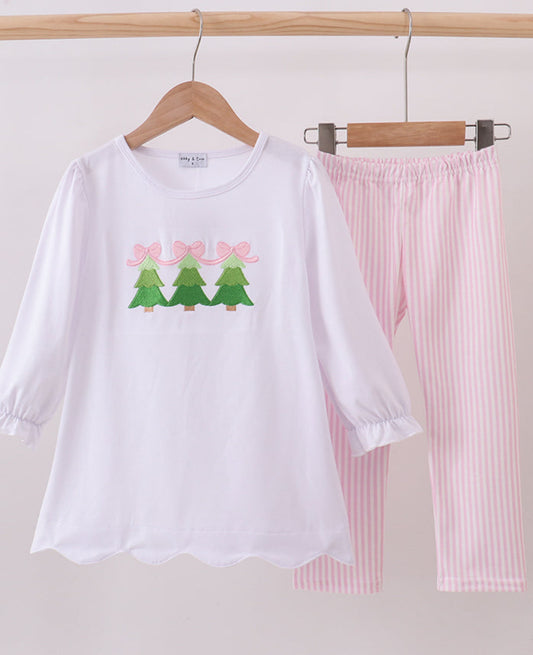 Pink Christmas Tree Embroidery Girl’s Pants Set