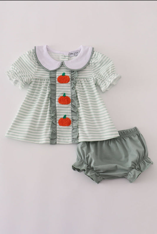 Sage Stripe French Knot Girl’s Bloomer Set