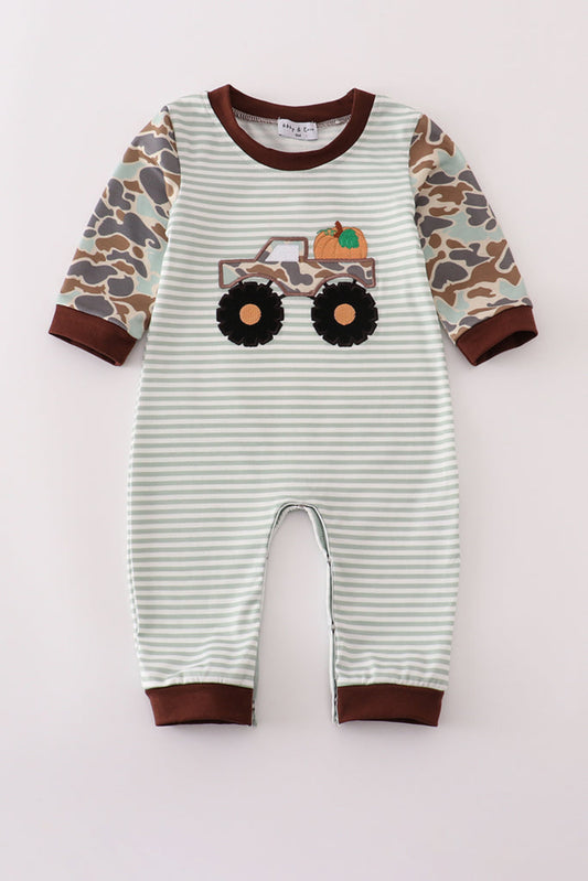 Camouflage Truck Pumpkin Appliqué Stripe Boy’s Romper