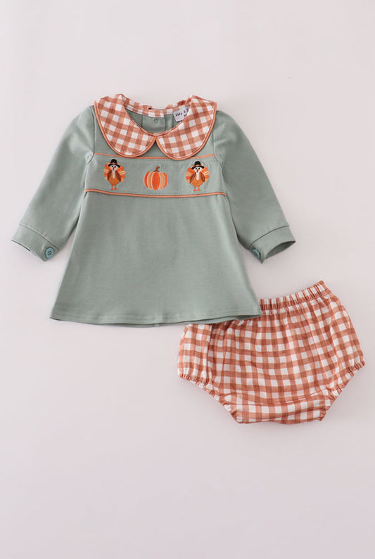 Sage Turkey Pumpkin Embroidery Girl’s Bloomer Set