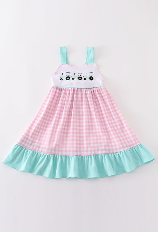 Pink Tractor Embroidery Plaid Dress