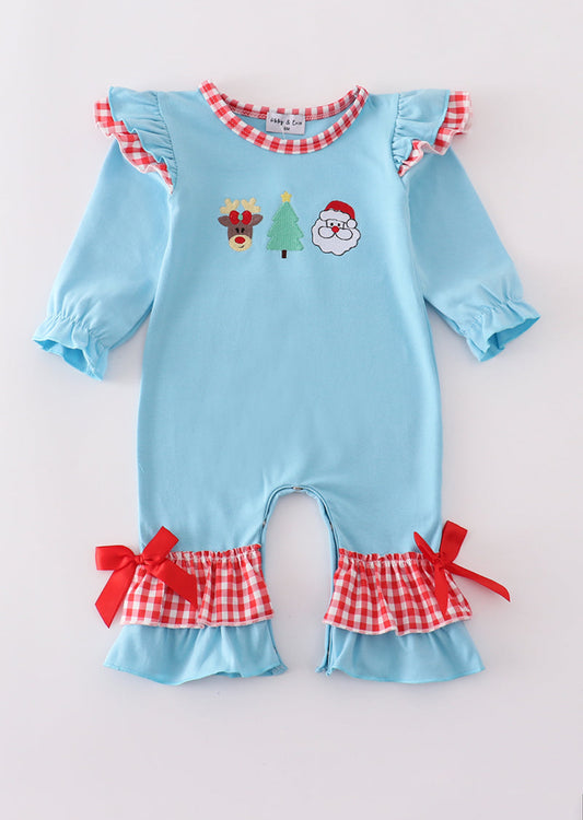 Blue Deer Tree Santa Embroidery Ruffle Girl’s Romper