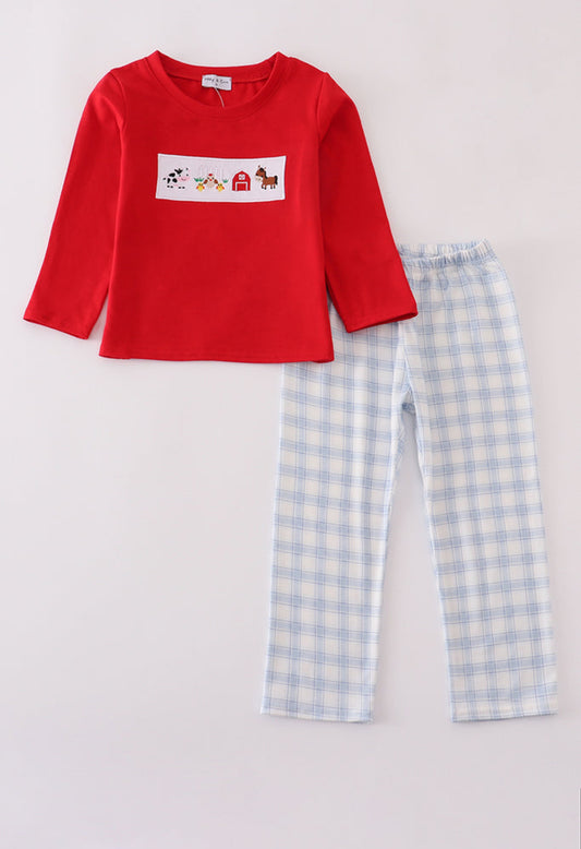 Red Farm Embroidery Plaid Boy’s Pants Set