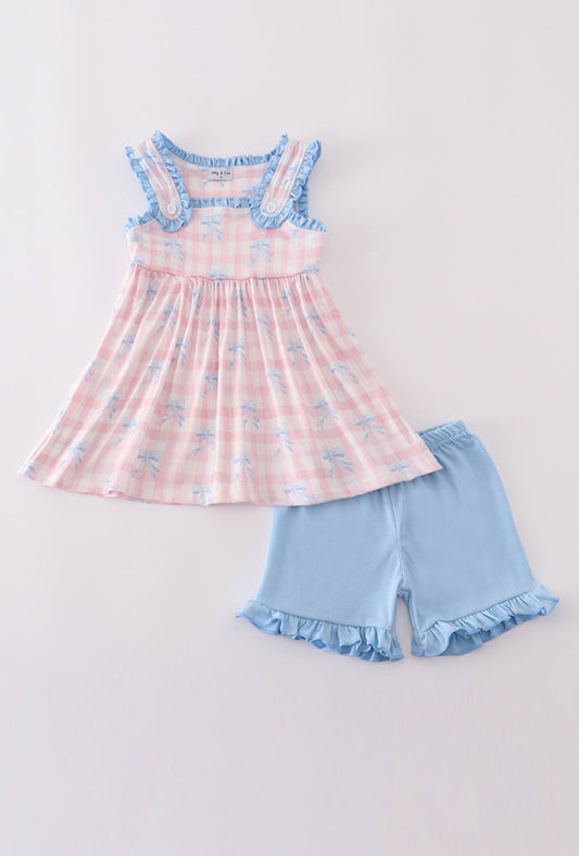 Girl’s Pink Plaid Bow Gingham Short Set