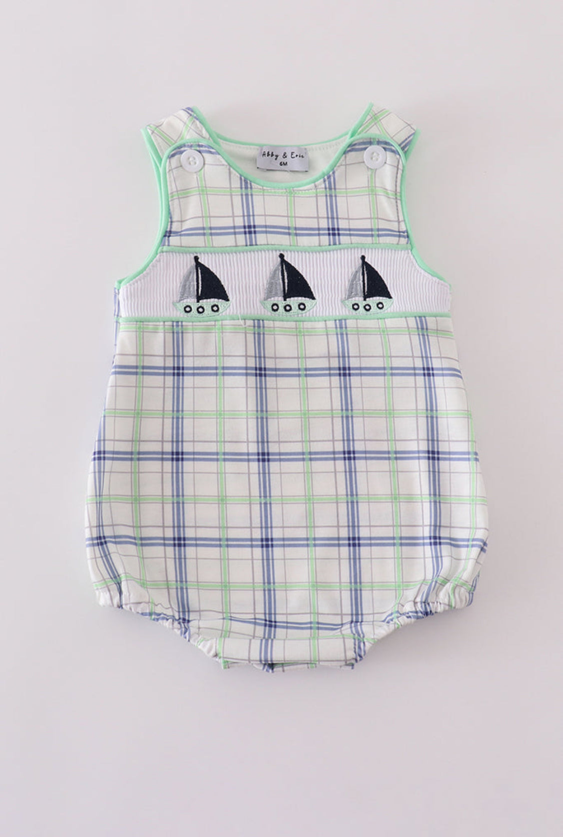 Green Seersucker Sailboat Embroidery Smocked Boy’s Bubble