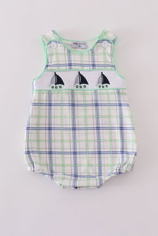 Green Seersucker Sailboat Embroidery Smocked Boy’s Bubble