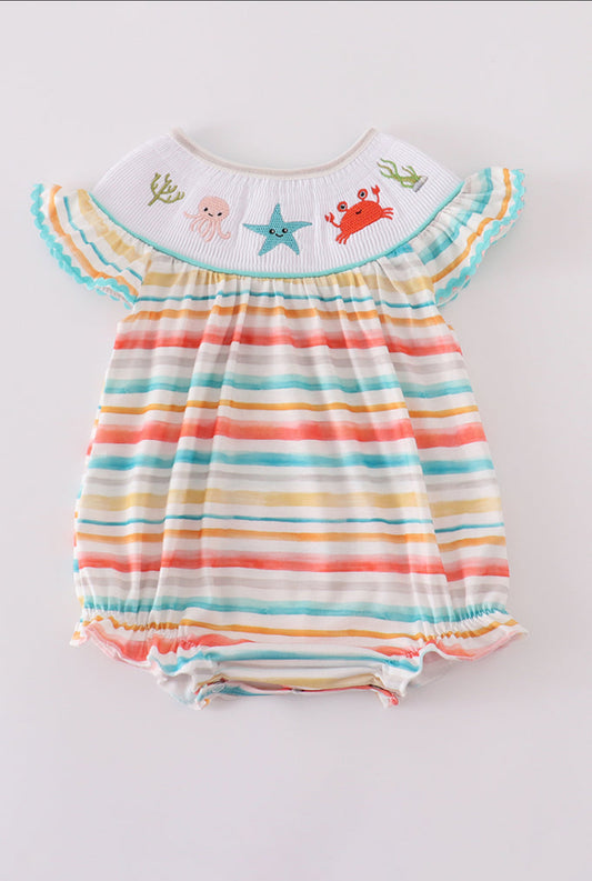 Rainbow Stripe Marine Creature Embroidery Smocked Girl’s Bubble