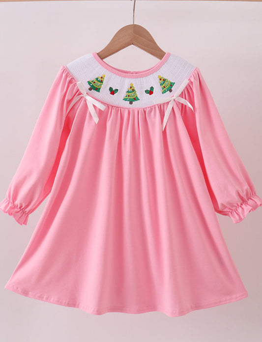 Pink Christmas Tree Smocked Ruffle Dress