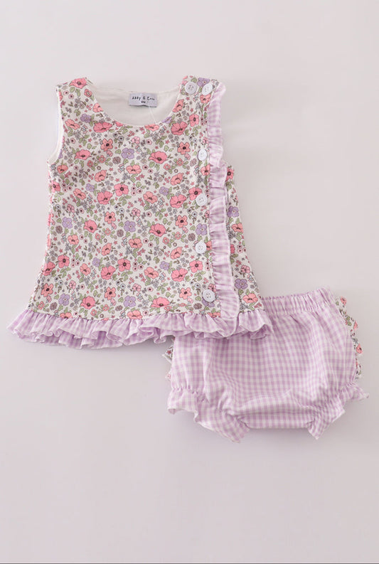Purple Floral Print Ruffle  Girl’s Bloomer Set