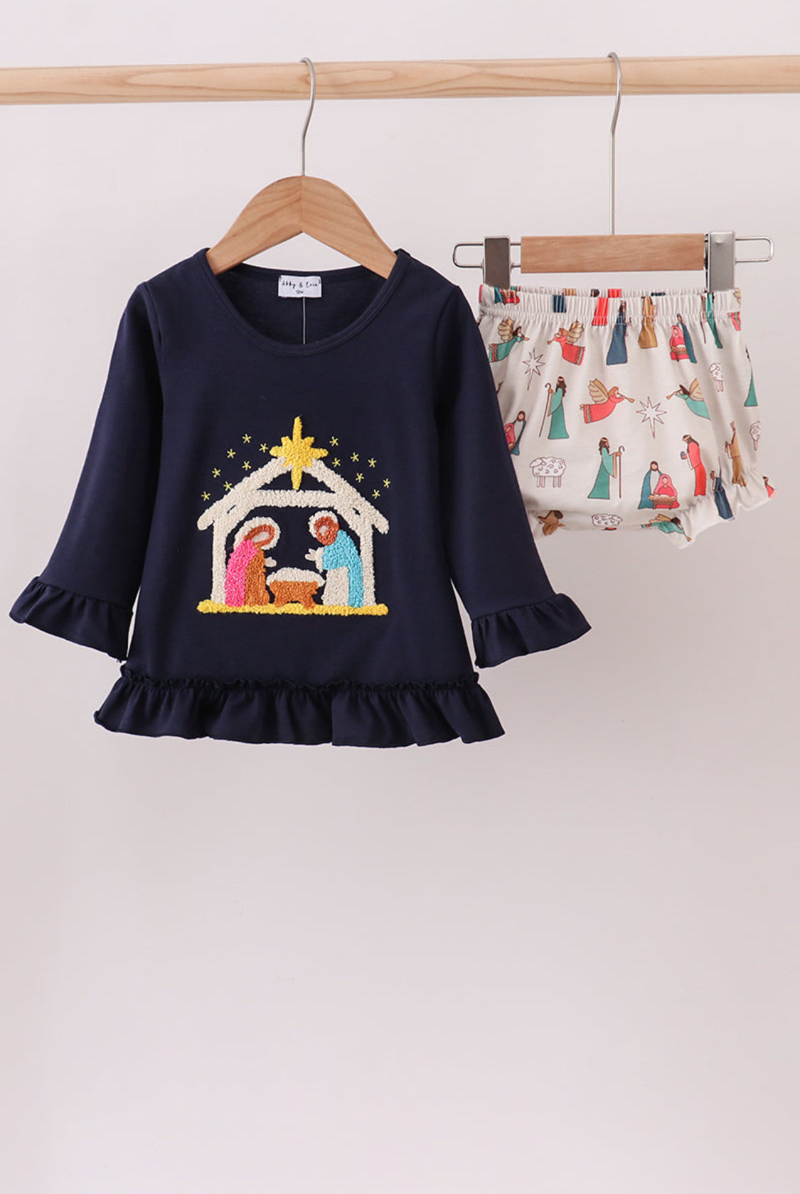 Navy Nativity French Knot Girl’s Bloomer Set