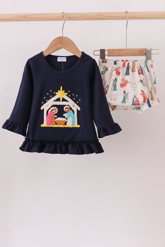 Navy Nativity French Knot Girl’s Bloomer Set