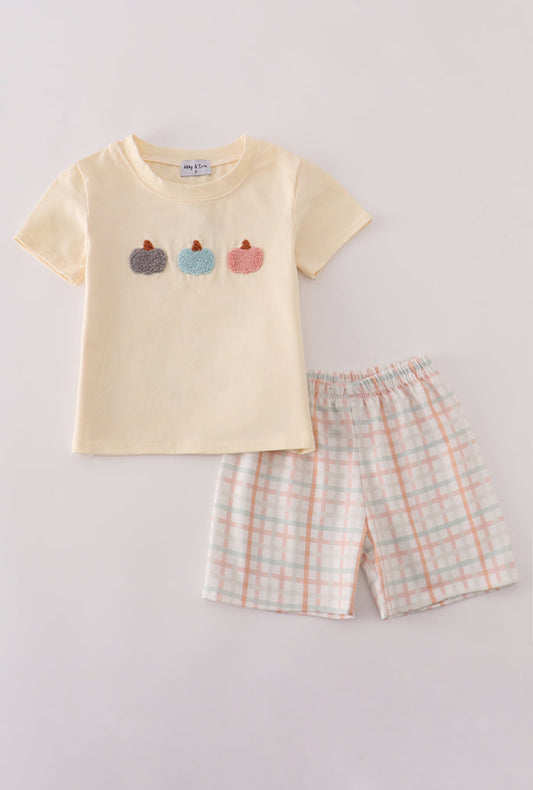 Neutral Plaid French Knot Boy’s Shorts Set