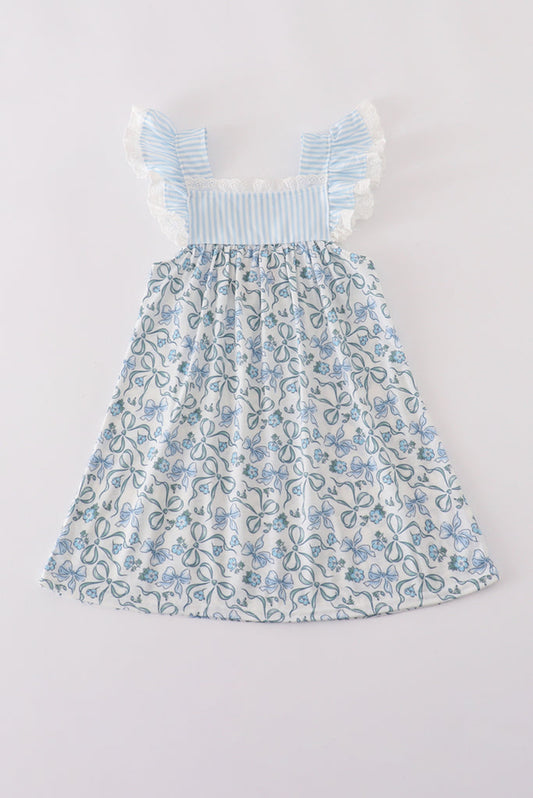 Blue Bow & Lace Print Ruffle Dress