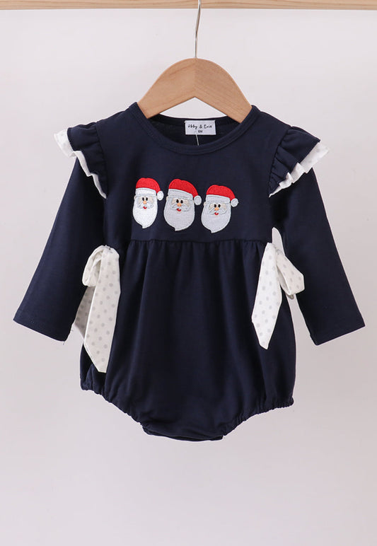 Navy Christmas Santa Claus Embroidery Ruffle Girl’s Bubble